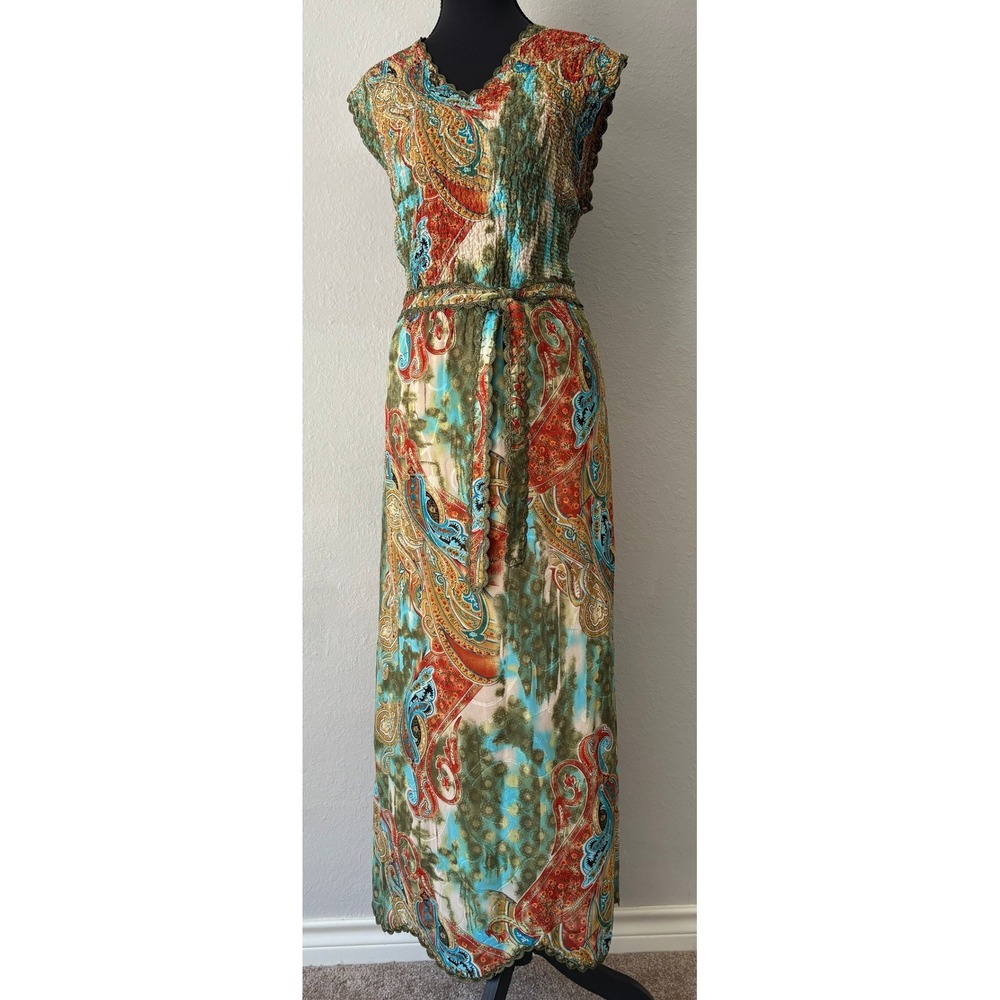 Vintage Ubu Paisley Floral Popcorn Maxi Dress Boho Scalloped Lace Trim Belted‎